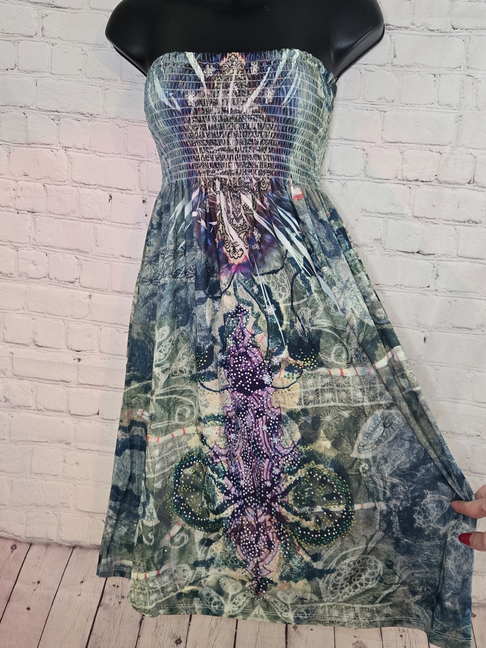 Ocean Breeze Smocked Tube Dress Y2k Boho Indie Tribal Print  Rhinestones Details